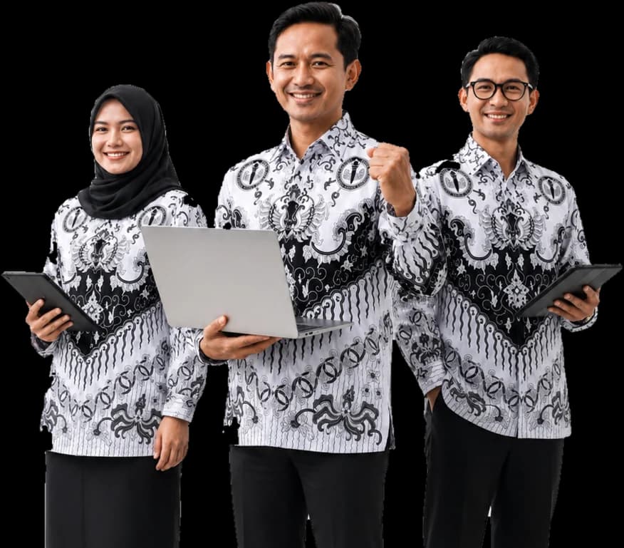 Tiga guru PGRI berseragam batik memegang laptop dan tablet